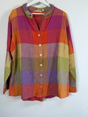 SOFT SURROUNDINGS 1X Multicolor Plaid Button Front Top Gauze Cotton Tunic Shirt